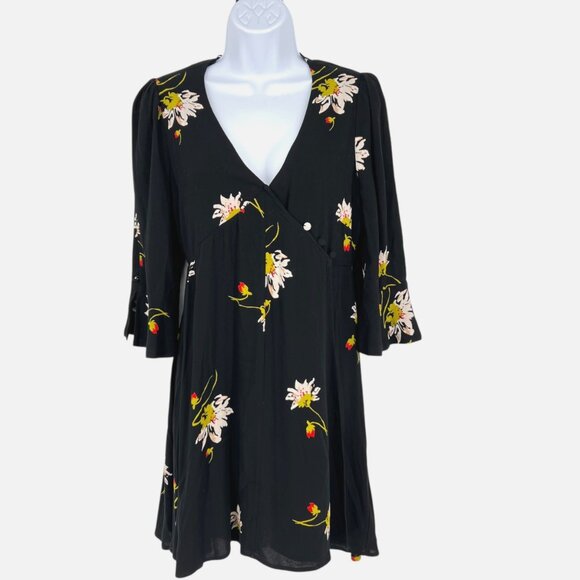 Free People Time On My Side Floral Wrap Mini Dress Black Size XS - Picture 1 of 10